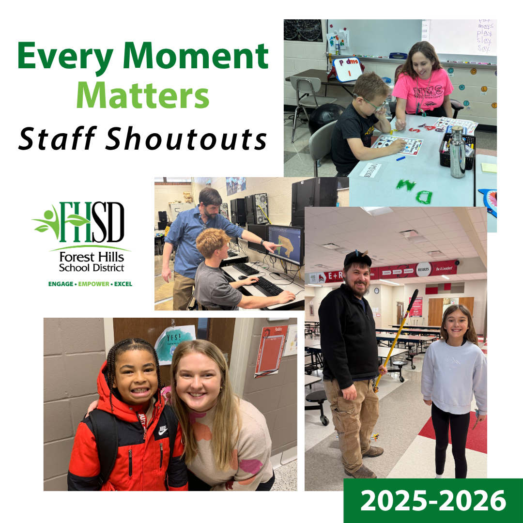 article cover with four pictures of staff members with students and text that says "Every moment matters staff shoutouts 2025-2026" with the FHSD logo